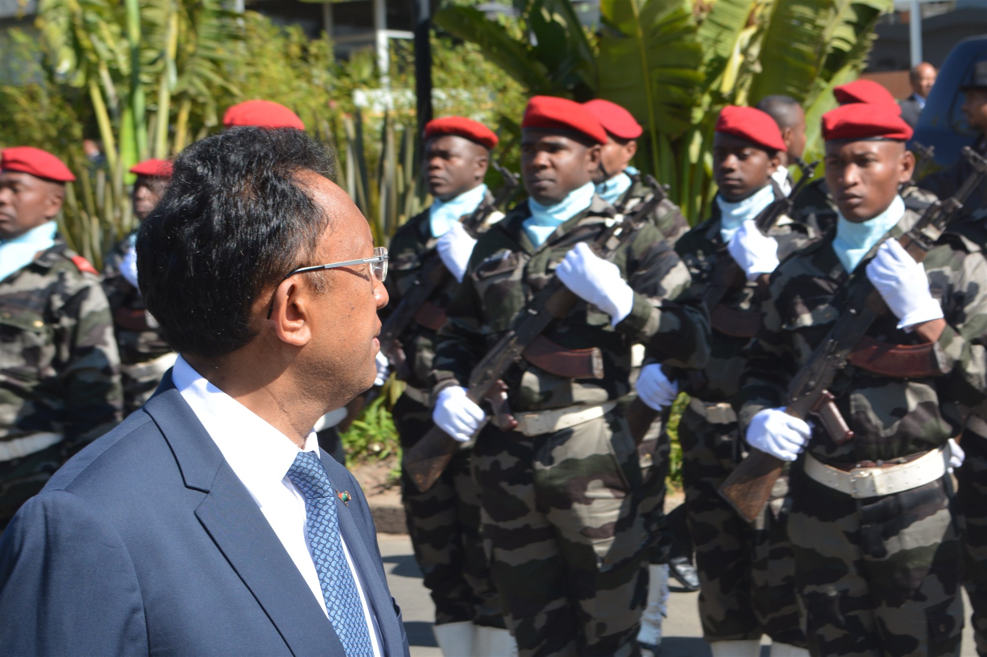 Inspection of troops during the opening ceremony for Africa Endeavor, an annual communications and information-sharing event that helps develop multinational communications interoperability for African Union and United Nations mandated peace keeping and disaster response missions in Africa, Aug. 22, 2016, Antananarivo, Madagascar. (Photo by U.S. AFRICOM Public Affairs/Released) 