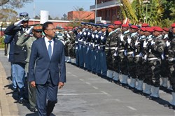 Inspection of troops during the opening ceremony for Africa Endeavor, an annual communications and information-sharing event that helps develop multinational communications interoperability for African Union and United Nations mandated peace keeping and disaster response missions in Africa, Aug. 22, 2016, Antananarivo, Madagascar. (Photo by U.S. AFRICOM Public Affairs/Released)