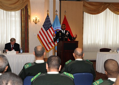 GRAFENWOEHR, Germany-General William E. Ward, commander of U.S. Africa Command, addresses the graduating class of the Military Intelligence Basic Officer Course-Africa (MIBOC-A), Dec. 17, at the Joint Multinational Training Center. Twenty two students from seven nations attended the U.S. Africa Command-sponsored MIBOC-A, which began Oct. 4 and ended Dec. 17. MIBOC-A is a multinational introductory course aimed at training junior-grade African and American intelligence professionals in the basic skills necessary to operate on a military intelligence staff.