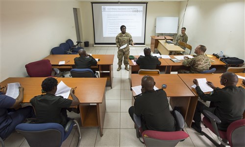 U.S. Army Capt. Morgan Shepard, Combined Joint Task Force-Horn of Africa Public Information officer, discusses civil military operations and the roles of Public Affairs and Public Information Officers, Feb. 2, 2016, at RDF headquarters, Kigali, Rwanda. During the engagement, U.S. Army civil affairs and Rwanda Defense Force Civil Military Co-operation (CIMIC) discussed similarities and differences between the organizations. The RDF will use the knowledge gained during the event to address training and organizational needs for their forces. (U.S. Air Force photo by Senior Airman Peter Thompson)