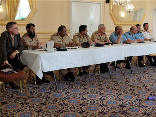 Military officers from Saudi Arabia listen to a presentation about U.S. Africa Command.  The 25 officers are participants in the year-long Saudi Arabia War Course, a professional development program designed for those with potential for high level leadership opportunities within the Saudi Arabian military.  The course was developed some years ago using the U.S. Army War College as a model to help the Saudis develop their own program.  Past classes have heard from EUCOM, but this was the first year that AFRICOM was added to the agenda, based on a desire by the Saudi Arabia War Course leaders for their officers to learn more about the command’s mission and programs in Africa, U.S. Army Garrison Stuttgart, April 16, 2015.  (U.S. Africa Command photo by Brenda Law/RELEASED)