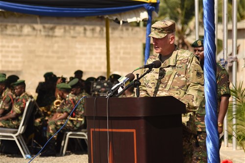 DAR ES SALAAM, Tanzania – U.S. Army Brig. Gen. Jon Jensen, U.S. Army Africa deputy commanding general and co-exercise director, welcomes participants to the Eastern Accord 2016 command post exercise during the opening ceremony at the Tanzanian Peacekeeping Training Centre on July, 11, 2016, Dar es Salaam, Tanzania. EA16 is an annual, combined, joint military exercise that brings together partner nations to practice and demonstrate proficiency in conducting peacekeeping operations. (U.S. Air Force photo by Staff Sgt. Tiffany DeNault/Released)