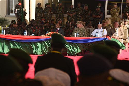 DAR ES SALAAM, Tanzania – Senior military leaders from the Tanzanian and U.S. militaries, alongside Hussein Ali Mwinyi, Tanzanian Minister of Defense and National Service, preside over the opening ceremony for exercise Eastern Accord 2016 at the Tanzanian Peacekeeping Training Centre, July 11, 2016, Dar es Salaam, Tanzania. EA16 is an annual, combined, joint military exercise that brings together partner nations to practice and demonstrate proficiency in conducting peacekeeping operations. (U.S. Air Force photo by Staff Sgt. Tiffany DeNault/Released)