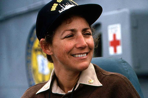 Lt. Cmdr. Darlene Iskra smiles shortly after her appointment as commanding officer of USS Opportune in February 1991. DoD photo
