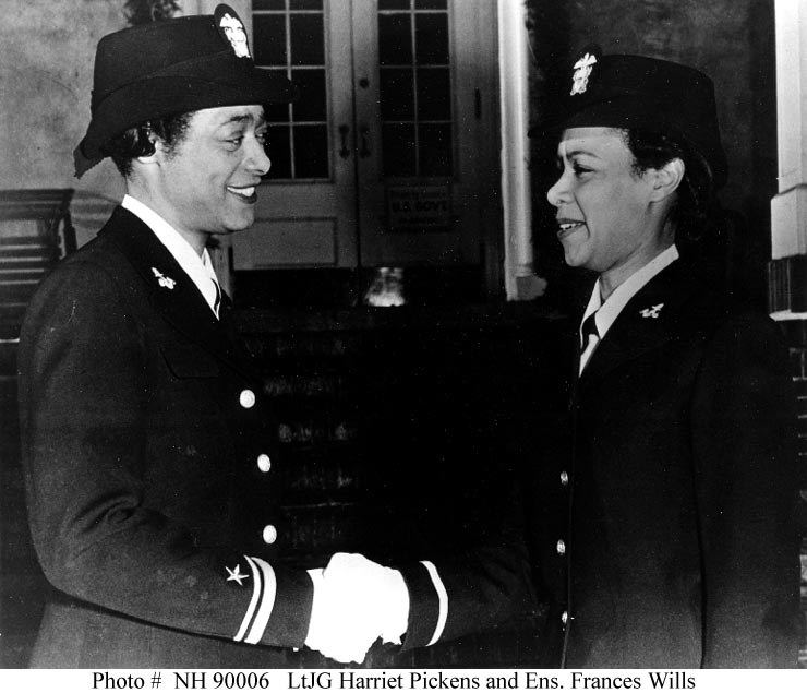 Lieutenant (Junior Grade) Harriet Ida Pickens (left) and Ensign Frances Wills congratulate each other after being commissioned as the first African-American "WAVES" officers, December 1944. They were members of the final graduating class of the Naval Reserve Midshipmen's School (WR) at Northampton, Massachusetts.