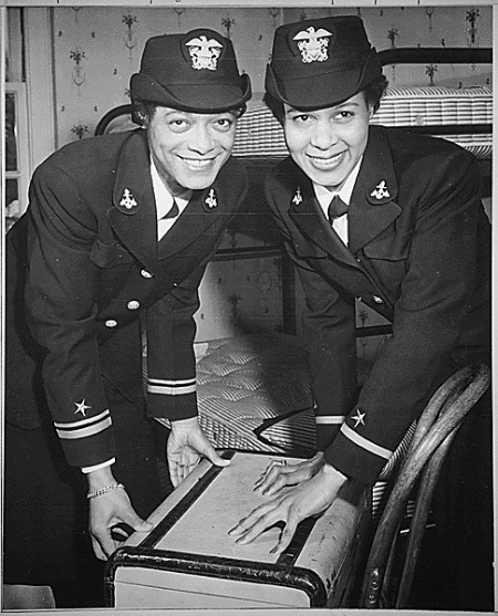 Lt. j.g. Harriet Ida Pickens and Ensign Frances Wills, first Black American Waves to be commissioned. They were members of the final graduating class at Naval Reserve Midshipmen’s School (WR) Northampton, MA. (NAID 520670)