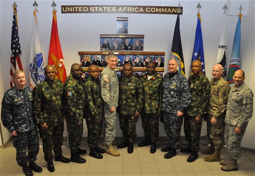 Gen. David Rodriguez, commander, U.S. Africa Command (5th from left) and Gen. Abayomi Olonisakin, Nigeria chief of defence staff (6th from right) pose with select senior staff from AFRICOM and the Nigerian military.  The Nigerians were invited to participate in a two-day meeting with senior AFRICOM commanders and leaders. The purpose of the visit was to reinforce the importance of a strong US-Nigeria security cooperation relationship, with topics focused on ways to counter terrorism, joint operations, logistics and maritime security in the Gulf of Guinea, Feb. 9, 2016, U.S. Army Garrison Stuttgart, Germany. (Photo by Brenda Law, U.S. Africa Command Public Affairs/RELEASED)