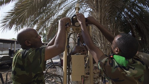 Djibouti Armed Forces (FAD) service members set up an Africa Data Sharing Network (ADSN) satellite during training validation Sept. 28, 2016, at FAD Headquarters in Djibouti. While conducting the best practices training, the U.S. Army, assigned to Combined Joint Task-Horn of Africa, also held an ADSN validation with the FAD soldiers to prepare them to deploy to Somalia.  The ADSN provides network and Voice over Internet Protocol capabilities between the several African countries participating in the Africa Union Mission in Somalia. (U.S. Air Force photo by Staff Sgt. Eric Summers Jr./Released)