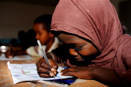 ALI SABIEH, Djibouti - Uma Sbdo, a student at Ali Sabieh school, studies in her French class, December 19, 2009. U.S. Seabees deployed to Combined Joint Task Force - Horn of Africa began working on the Ali Sabieh school in April, renovating the school's roof, sidewalk, fence, bathrooms and installing new doors and windows. (Master Sergeant Carlotta Holley, CJTF-HOA)