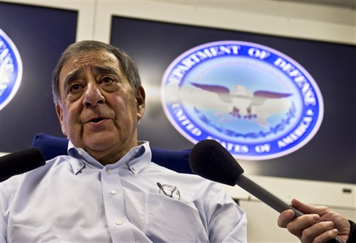 U.S. Defense Secretary Leon E. Panetta briefs the press in flight to Lisbon, Portugal, Jan. 14, 2013. Panetta is on a six-day trip to Europe to visit with defense counterparts and troops. DOD photo by Erin A. Kirk-Cuomo