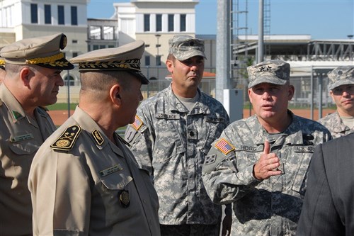 VICENZA, Italy - Major General Tafer Ahcene, Algerian Land Forces commander, visits U.S. Army Africa in Vicenza Italy, June 15, 2011. Ahcene met with Major General Hogg, U.S. Army Africa (USARAF) commander, to look at the training facilities and equipment used by USARAF. (Photo by U.S. Army Public Affairs)