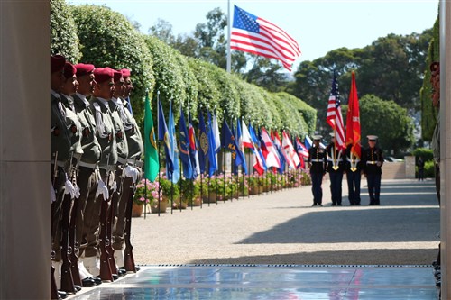 US and Tunisian Honor Guards at the wreath laying ceremony conducted at the North Africa American Cemetery and Memorial in Carthage, Tunisia, May 30, 2016. (U.S. Africa Command photo by Samantha Reho/Released)  