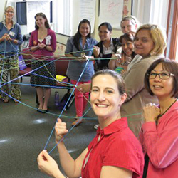 A group of military spouses holding strings to connect with each other in a workshop