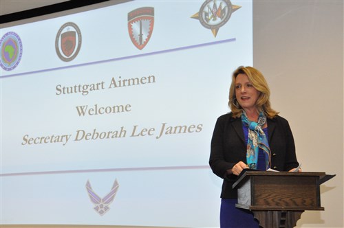 Secretary of the Air Force Deborah Lee James discusses her top priorities with Airmen stationed in Stuttgart, Germany, Nov. 18, 2015. (U.S. Africa Command photo by Brenda Law/RELEASED)