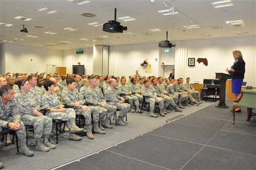 Secretary of the Air Force Deborah Lee James discusses her top priorities with more than 150 Airmen stationed in Stuttgart, Germany, during an Airmen's Call, Nov. 18, 2015. (U.S. Africa Command photo by Brenda Law/RELEASED)