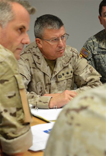 Col. Enrique Tovar, chief of plans for the Spanish Joint Operations Command, participates in a discussion at the U.S. Africa Command Multinational Cooperation Center in Stuttgart, Germany, Dec. 2, 2015.