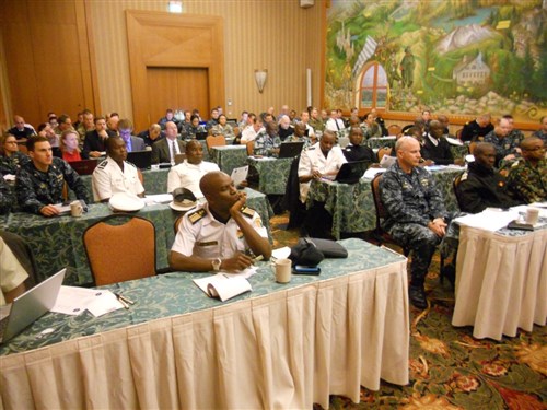 Planners from more than 20 African and European maritime nations attend a final planning conference in Garmisch-Partenkirchen, Germany, for Exercise Obangame Express Jan. 12, 2015. The exercise will take place in the Gulf of Guinea in March 2015, and will focus on developing regional maritime interoperability. (U.S. Navy photo by Lt. Cmdr. Kent Laborde/Released)