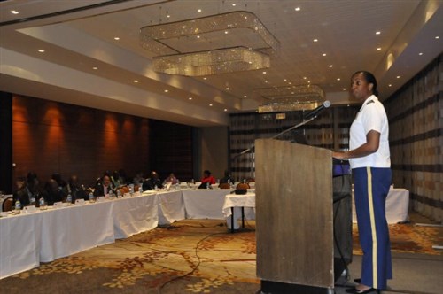 U.S. Army Africa Col. Sara V. Simmons, personnel (G1) director, addresses the audience during the Regional Gender Mainstreaming Seminar, June 26, in Windhoek, Namibia. Simmons led a discussion following a Sexual Harassment/Assault Response Program video to seven attending African countries.