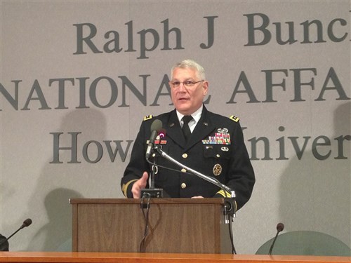 Army Gen. Carter F. Ham, commander of U.S. Africa Command, addresses students and faculty at the Ralph J. Bunche International Affairs Center at Howard University in Washington, D.C., Jan. 24. Howard University is home to the nation’s oldest Africa Studies program. DOD photo by Army Sgt. 1st Class Tyrone C. Marshall Jr.  
