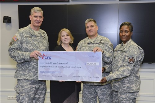 Commander U.S. Africa Command, General David M. Rodriguez (left) presents the Combined Federal Campaign Overseas FY14 check with Constance Baker, CFCO program manager for U.S. European Command and U.S. Africa Command to U.S. Army Garrison Stuttgart Commander, Col. John Stack, and Garrison Command Sergeant Major, Command Sgt. Maj. Lynice Thorpe. The check, a sum of $18,994, is a collection of donations from U.S. Africa Command staff and will support the garrison communities. (U.S. Africa Command photo by Mass Communication Specialist First Class D. Keith Simmons)