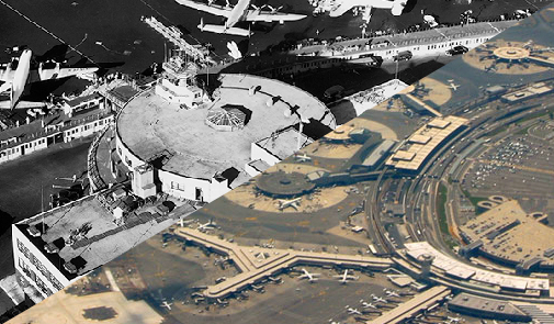 Aerial photo before and after split screen of the Newark Liberty International Airport