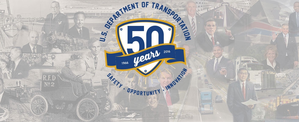 50th anniversary logo on backdrop of transportation collage