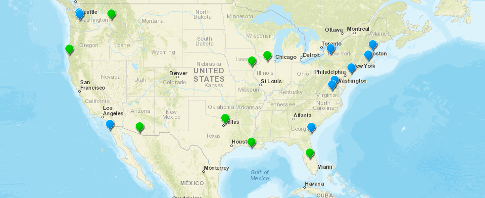 Map of U.S. with pins indicating locations of awarded projects