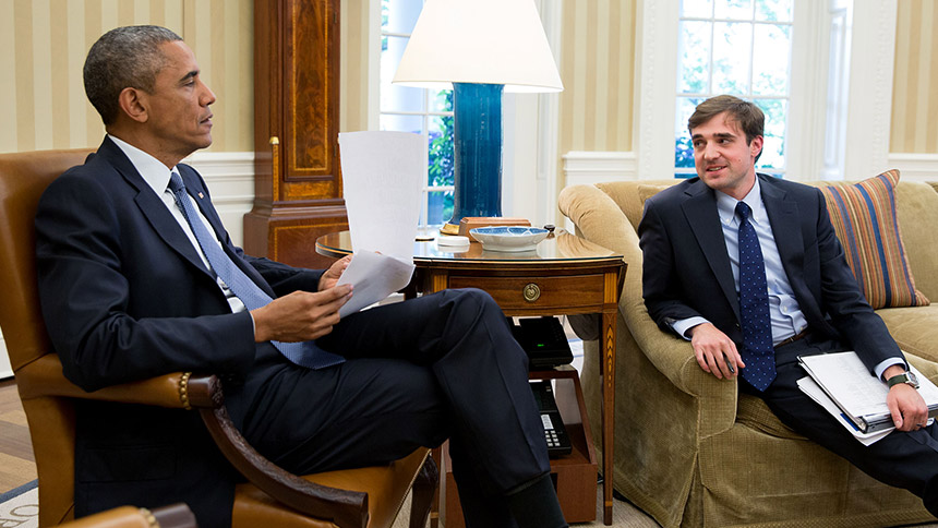 President Barack Obama meets with Chase Cushman, Director of Scheduling and Advance, in the Oval Office, May 22, 2015. (Official White House Photo by Pete Souza)