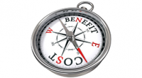 The words "cost" and "benefit" on two different sides of a compass, with the compass needle pointing closest to the word "cost."
