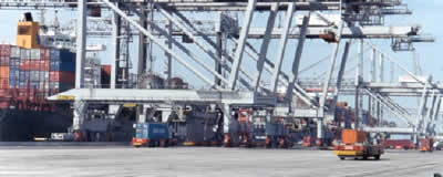 ECT container port in Rotterdam: Robot haulers unload container ship.