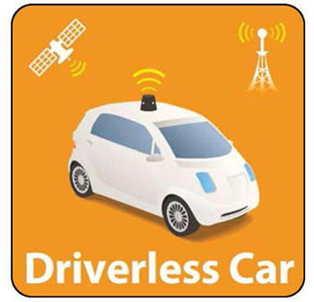Stock art image of a driverless car with a wireless signal connecting to a tower or satellite