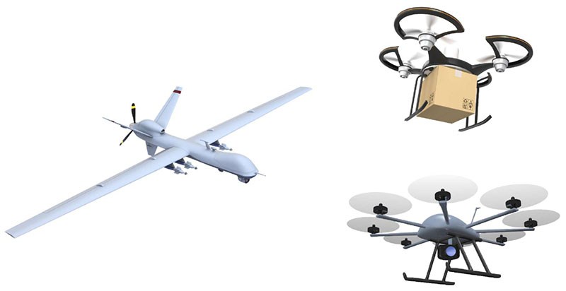 Stock images of three unmaned aerial vehicles - drones that can be used for Aerial traffic surveillance, Surveillance of emergency response operations, Monitoring of atmospheric pollutants, and Package delivery