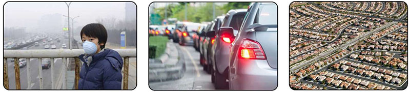 Three stock art photos depicting, from left to right, a person wearing an air filter to protect from pollution, a long row of cars stuck in traffic, an aerial photo of rows and rows of tract houses