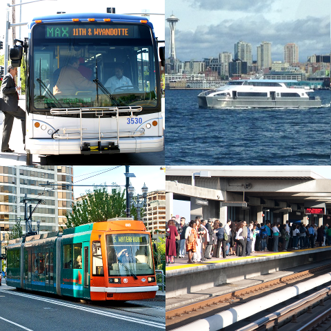 Collage of public transportation modes: bus, ferry, light rail and subway platform