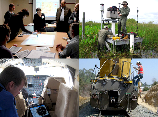 Photo collage showing Volpe staff at work in the office, in the field, in the cockpit of a plane, and on-site at a train crash.