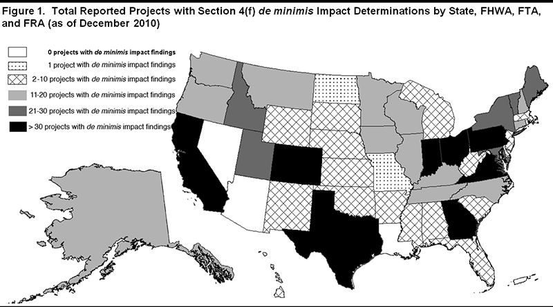 Map of the United States. States are shaded to show the distribution of de minimus impact determinations as described in the preceding paragraph