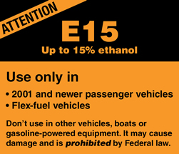 ATENCIÓN: E15. Hasta 15% de etanol.Solo para uso en (1) vehículos de pasajeros 
						2001 o más nuevos and (2) vehículos de combustible flexible. No usar en otro tipo
						de vehículos, lanchas o equipo de gasolina. Puede causar daños y esta prohibido 
						por la ley Federal.