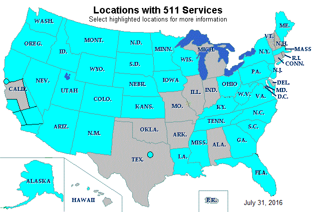 US Map for 511 Deployment Activities as of July 31, 2016. Active areas are Dallas, the San Francisco Bay area, Sacramento/Northern California, Eastern Sierras of California, Los Angeles - Orange County, Inland Empire, San Luis Obispo, the San Diego area, Honolulu, and statewide in Alaska, Arizona, Colorado, Florida, Georgia, Idaho, Iowa, Kansas, Kentucky, Louisiana, Maine, Maryland, Minnesota, Mississippi, Montana, Nebraska, Nevada, New Jersey, New Mexico, New York, North Carolina, North Dakota, Ohio, Oregon, Pennsylvania, South Carolina, South Dakota, Tennessee, Utah, Virginia, Washington, West Virginia, Wisconsin, and Wyoming. Click or select Active areas for more information