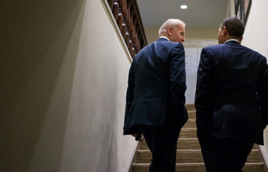 Vice President Biden and President Obama walk up steps in the West Wing together