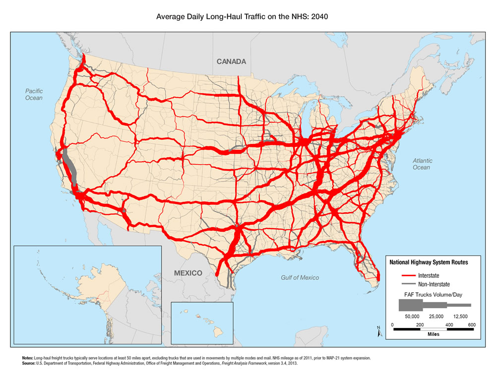 U.S. map showing projected long-haul truck volumes for 2040, with volumes greatly increased from the 2011 version of the map.