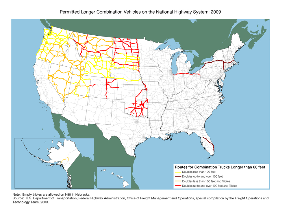 U.S. map showing that longer combination vehicles are allowed from Chicago to the Pennsylvania-Ohio border on I-80, the New York State Thruway and the Massachusetts Turnpike, the Florida Turnpike, the Kansas Turnpike, Interstate highways in eastern Colorado, and many routes in Oklahoma, Utah, Nevada, the Dakotas, Montana, Wyoming, Idaho, Oregon, and Washington.