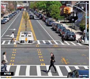 Aerial view of a post-treatment intersection features crosswalks, pedestrian refuge islands, one lane for through travel in each direction, and wide parking lanes.