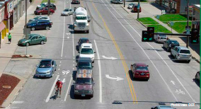 Aerial photo of the after road diet configuration on the approach to an intersection. Photo: Iowa DOT.