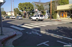 Ocean Park Boulevard looking east at 18th Street marked crosswalk and bicycle lane. Photo: Eric Widstrand