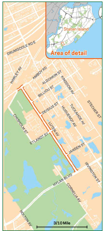 Illustrative map of a section of Staten Island with a blowup of the study area.