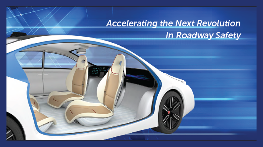 Automated vehicle with text "Accelerating the next revolution in roadway safety"