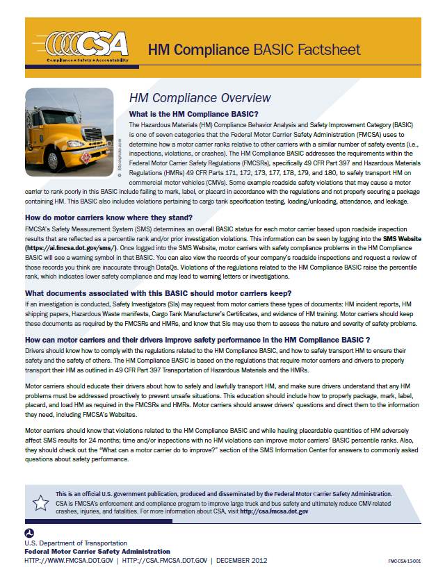 Hazardous Materials (HM) Compliance BASIC Factsheet