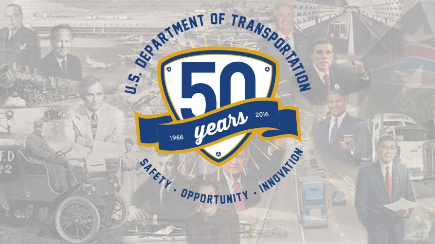 50th anniversary logo with background transportation collage