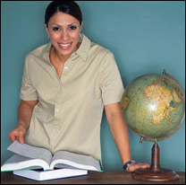 Pictured - student with book and globe