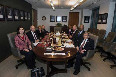 Sharing experiences around the conference room table are (left to right): Lynda Johnson Robb, former President Johnson’s daughter; and Alan S. Boyd, Mary E. Peters, Samuel K. Skinner, Rodney E. Slater, James H. Burnley IV, Secretary Anthony R. Foxx, and Norman Y. Mineta.